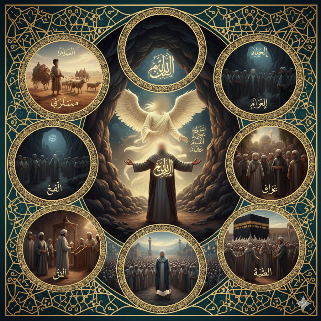 Prophet Muhammad story image depicting the moment of first revelation in the Cave of Hira with the Angel Jibreel, emphasizing his prophethood and the beginning of the Qur'an.