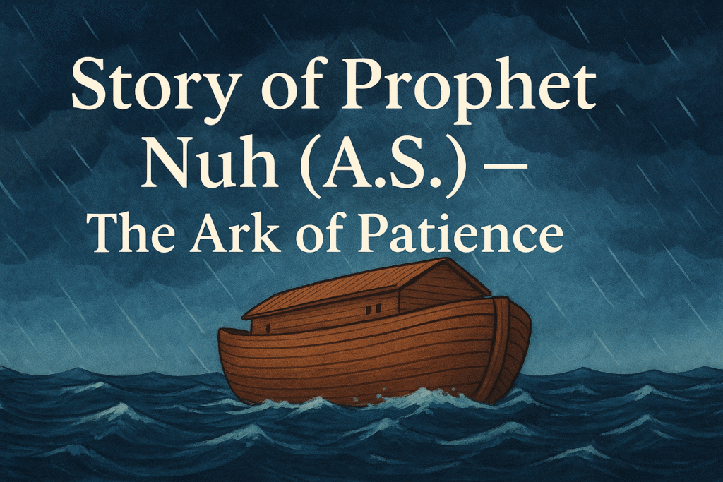 A digital illustration of Prophet Nuh (A.S.) building the ark, symbolizing patience, perseverance, and faith in Allah during the great flood.