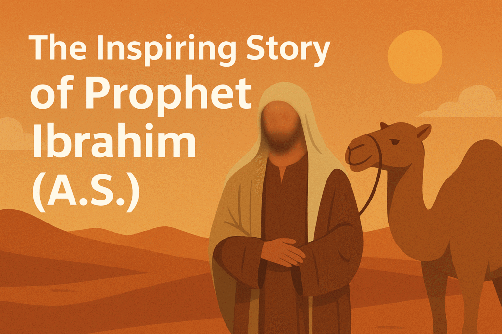 Illustration of Prophet Ibrahim (A.S.) standing with devotion before the Kaaba, symbolizing faith and sacrifice in Islam.